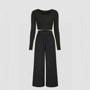 Cider Black Ribbed Cropped Top and Wide-Leg Pants Set